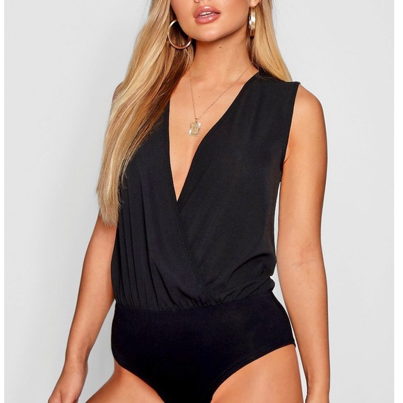 ☀️3 for $30☀️ Black Chiffon Surplice Wrap Bodysuit - Picture 1 of 2